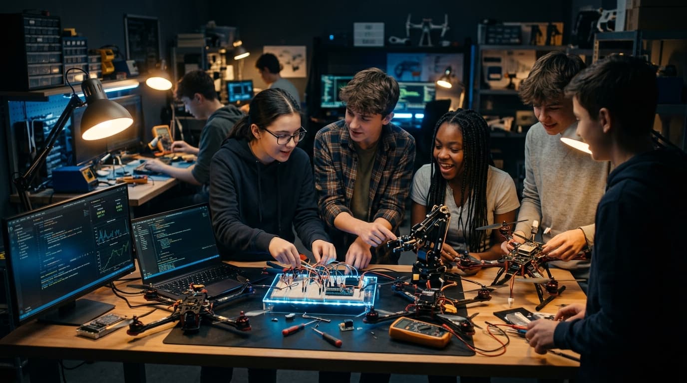 Students engaged in practical STEM and electronics laboratory work