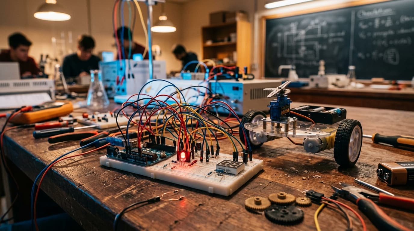 Students working on breadboards and basic robotics